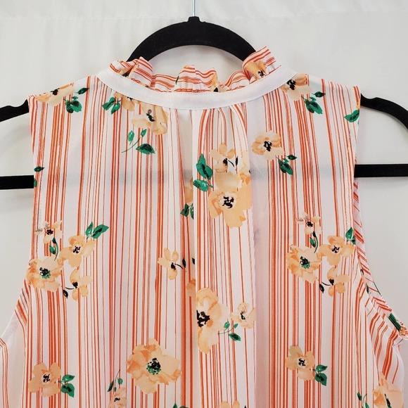 Elle semi sheer peach stripe & floral ruffle neck blouse medium - Picture 4 of 9